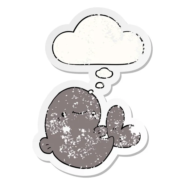 Cartoon walvis en gedachte Bubble als een verdrietig versleten sticker — Stockvector
