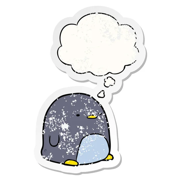 Penguin kartun lucu dan berpikir gelembung sebagai sti tertekan usang - Stok Vektor