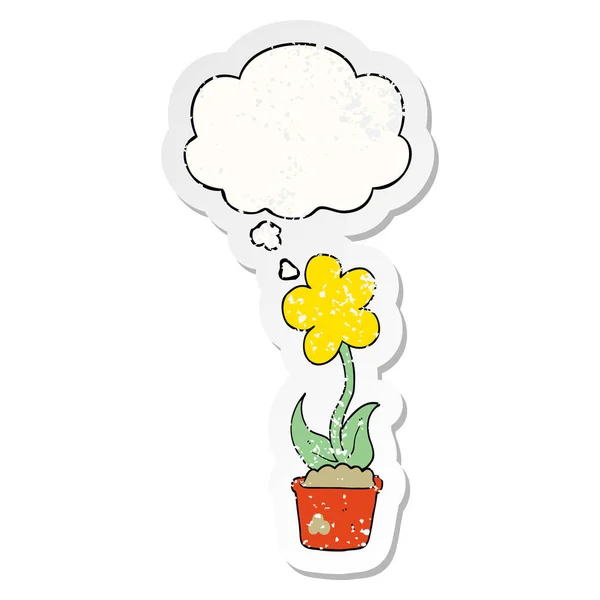 Niedliche Cartoon-Blume und Gedankenblase als verzweifelter verschlissener Stich — Stockvektor