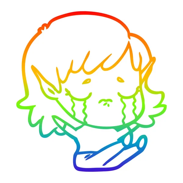 Arcobaleno gradiente linea disegno cartone animato piangendo elfo ragazza — Vettoriale Stock