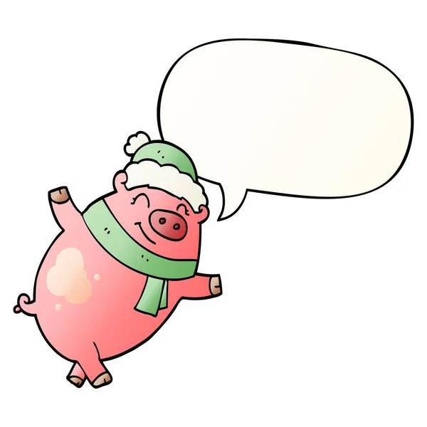 Мультяшна свиня в різдвяному капелюсі та мовній бульбашці в гладкій грі — стоковий вектор