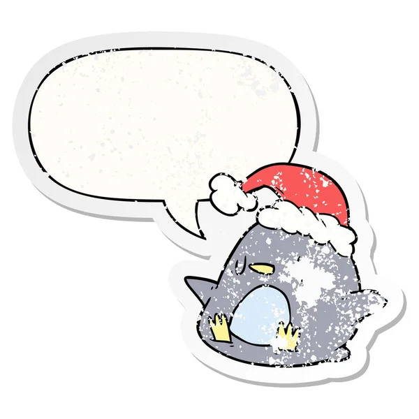 Sevimli karikatür penguen ve konuşma balonu sıkıntılı etiket — Stok Vektör