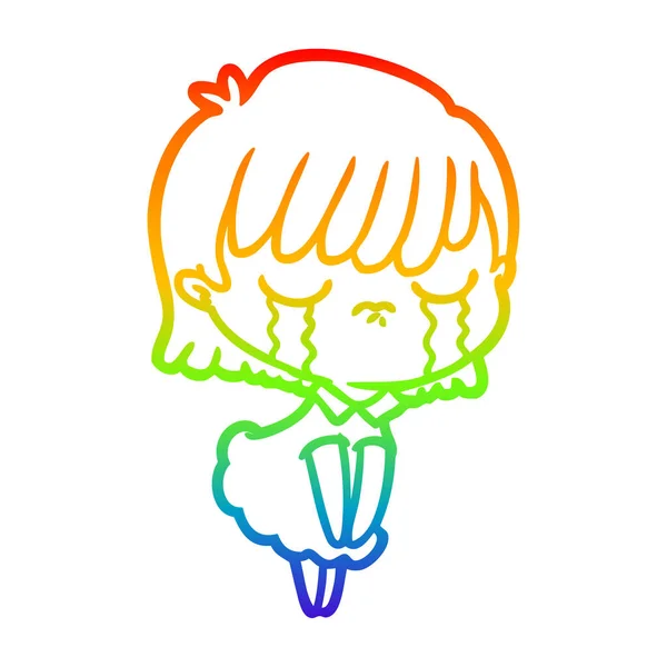 Rainbow gradient line drawing cartoon woman crying — Stock Vector