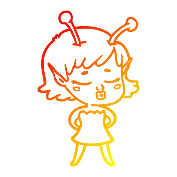 Linha gradiente quente desenho bonito alienígena menina desenhos animados — Vetor de Stock