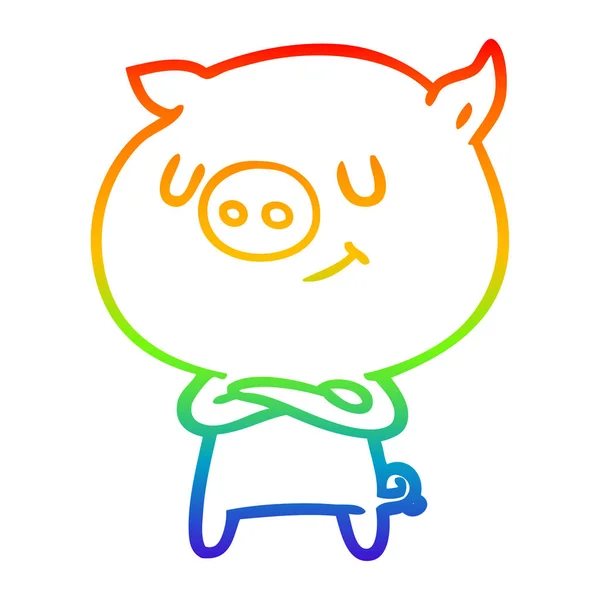 Rainbow gradient ligne dessin heureux dessin animé cochon — Image vectorielle