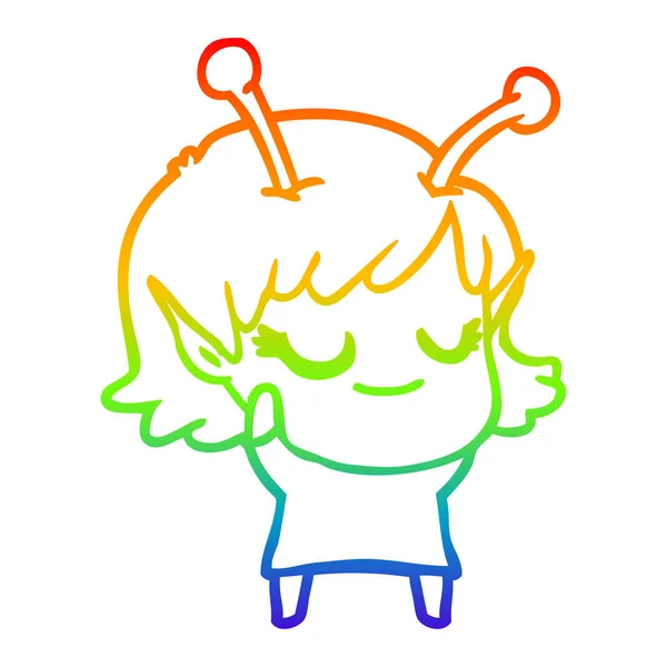 Arco iris gradiente línea dibujo sonriente chica alienígena dibujos animados — Vector de stock