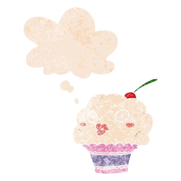 Cartoon Cupcake i myśl bańka w stylu retro teksturowane — Wektor stockowy