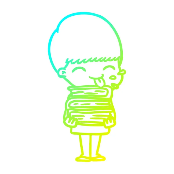 Cold gradient line drawing happy cartoon boy — стоковый вектор