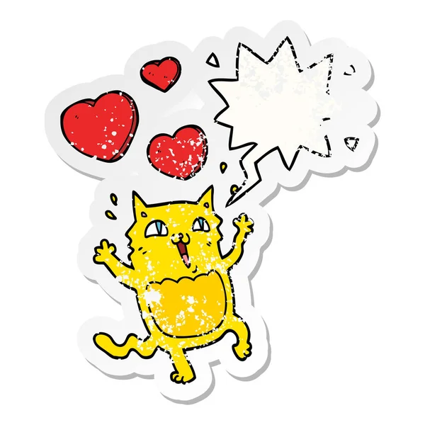 Cartoon kat gek in liefde en toespraak bubble noodlijdende sticker — Stockvector