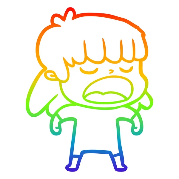 Regenboog gradiënt lijntekening cartoon vrouw praten luid — Stockvector