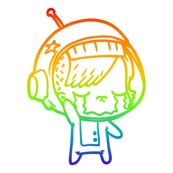 Regenbogen-Gradienten-Linie Zeichnung Karikatur weinende Astronautin Mädchen wavi — Stockvektor