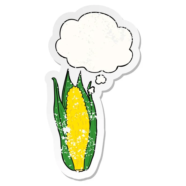 Kartun jagung dan berpikir gelembung sebagai stiker tertekan usang - Stok Vektor
