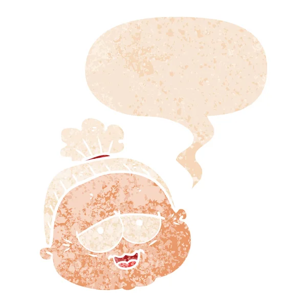 Retro dokulu tarzı karikatür yaşlı bayan ve konuşma balonu — Stok Vektör