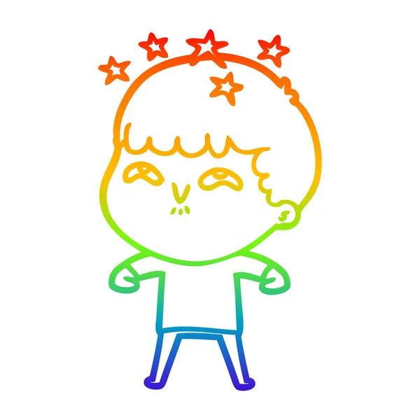 Arcobaleno gradiente linea disegno cartone animato stupito ragazzo — Vettoriale Stock