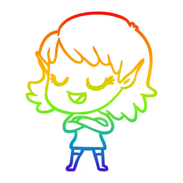 Rainbow gradient linje ritning lycklig tecknad elf flicka — Stock vektor