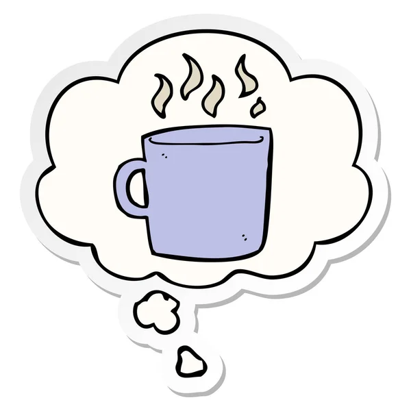 Fumetto tazza calda di caffè e bolla pensiero come uno sticke stampato — Vettoriale Stock