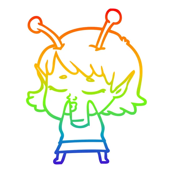 Rainbow gradient ligne dessin mignon alien fille dessin animé — Image vectorielle