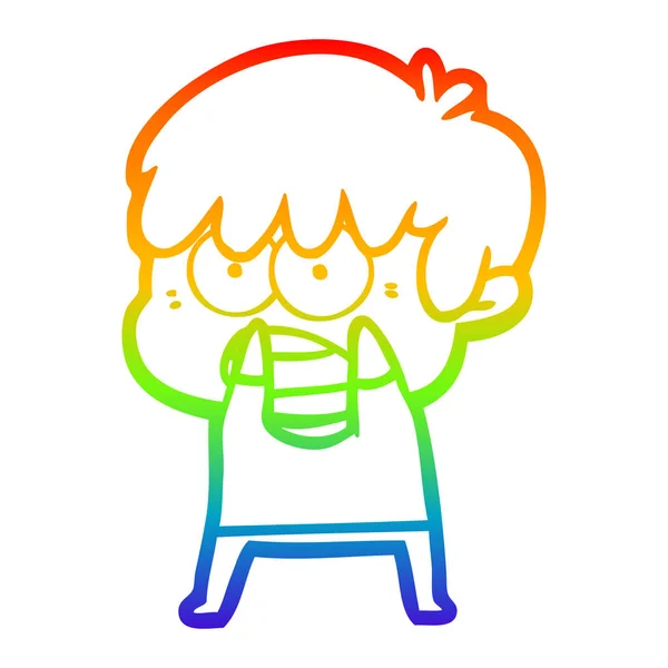Rainbow gradient line drawing worried cartoon boy — Stock Vector