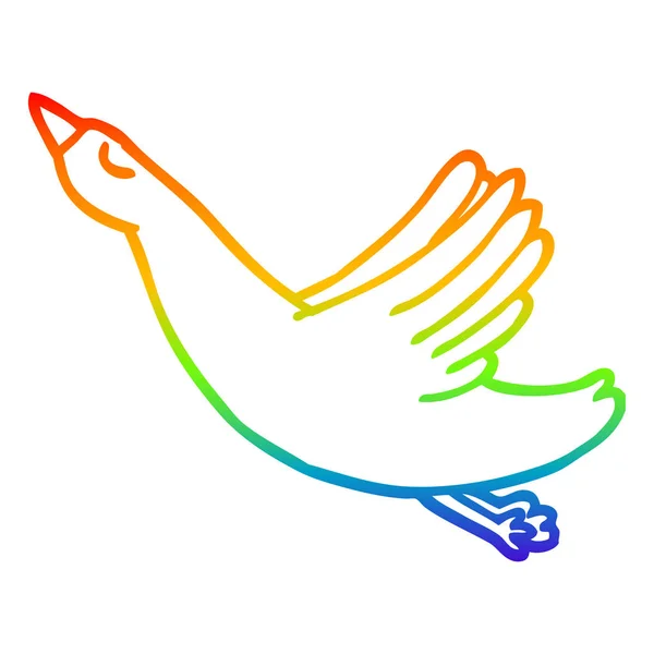 Arco iris gradiente línea dibujo dibujos animados vuelo pato — Vector de stock