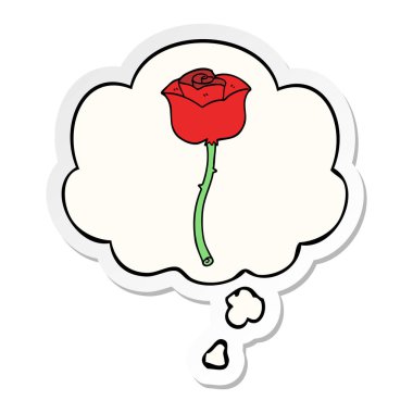 karikatür gül ve baskılı bir etiket olarak kabarcık düşünce