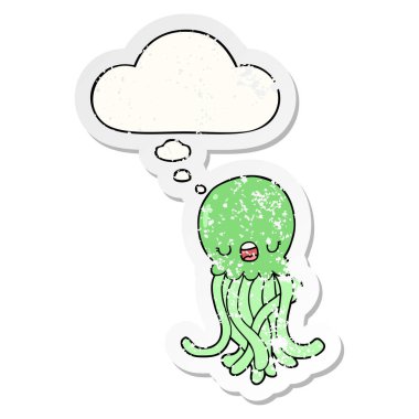 karikatür denizanası ve sıkıntılı yıpranmış sticke olarak kabarcık düşünce