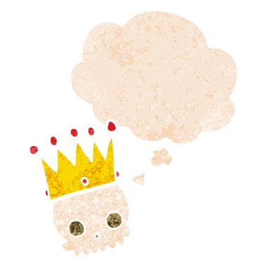 retro dokulu st taç ve düşünce balonu ile karikatür kafatası