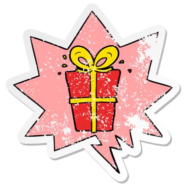 karikatür sarılmış hediye ve konuşma balonu sıkıntılı etiket