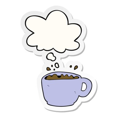 karikatür kahve fincanı ve baskılı bir etiket olarak düşünce balonu