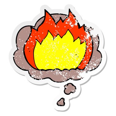 bir sıkıntılı yıpranmış etiket olarak karikatür yangın ve düşünce balonu