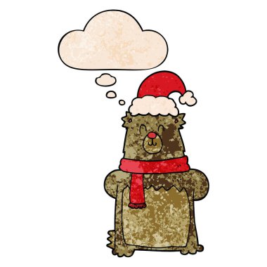 karikatür ayı noel şapka giyen ve grunge düşünce balonu 
