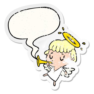 sevimli karikatür melek ve konuşma balonu sıkıntılı etiket