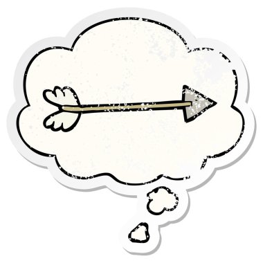 karikatür ok ve sıkıntılı yıpranmış etiket olarak kabarcık düşünce