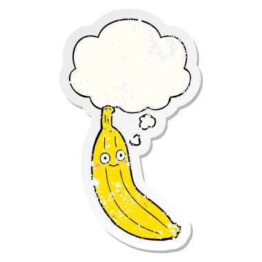 karikatür muz ve sıkıntılı yıpranmış etiket olarak kabarcık düşünce