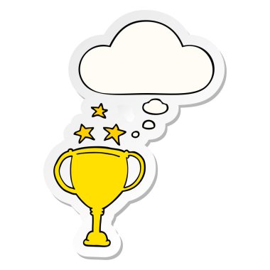 karikatür spor kupa ve baskılı bir etiket olarak kabarcık düşünce