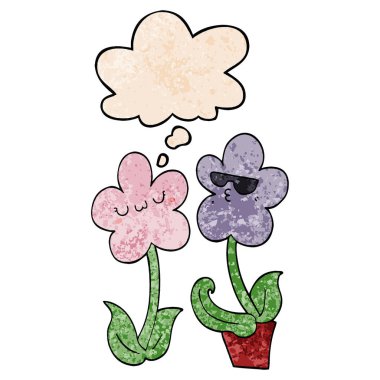 sevimli karikatür çiçek ve grunge doku desen düşünce balonu