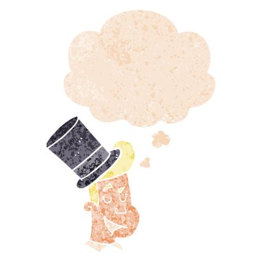 arka şapka giyen karikatür adam ve retro dokulu düşünce balonu