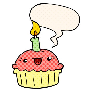 çizgi roman tarzında karikatür cupcake ve mum ve konuşma balonu