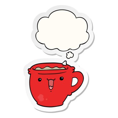 sevimli karikatür kahve fincanı ve baskılı bir etiket olarak kabarcık düşünce