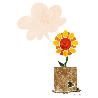 retro dokulu tarzda karikatür çiçek ve konuşma balonu