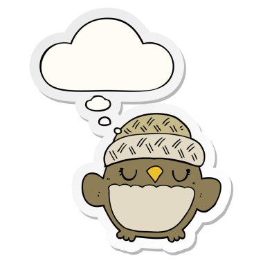 şapka sevimli karikatür baykuş ve basılı bir etiket olarak kabarcık düşünce