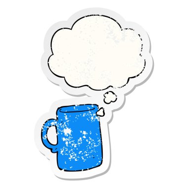 karikatür kupa ve sıkıntılı yıpranmış etiket olarak kabarcık düşünce