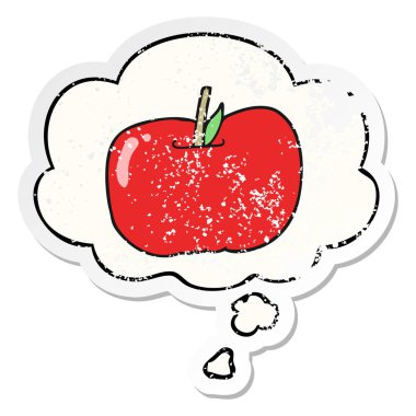 karikatür elma ve sıkıntılı yıpranmış etiket olarak kabarcık düşünce