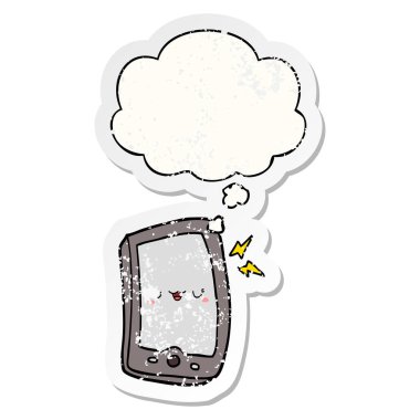 sevimli karikatür cep telefonu ve sıkıntılı bir wor olarak kabarcık düşünce