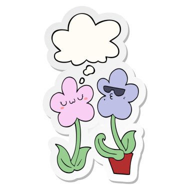 sevimli karikatür çiçek ve baskılı bir etiket olarak kabarcık düşünce
