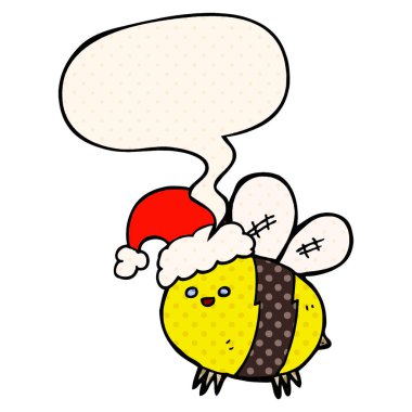 sevimli karikatür arı comi noel şapka ve konuşma balonu giyen