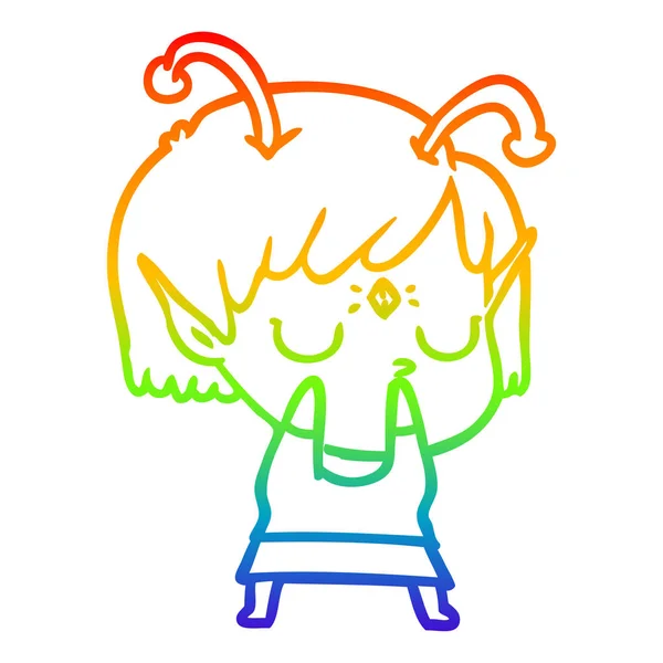 Arcobaleno gradiente linea disegno cartone animato ragazza aliena — Vettoriale Stock