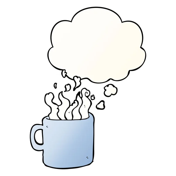 Мультяшная горячая чашка кофе и мыслепузырь в гладком градиенте — стоковый вектор