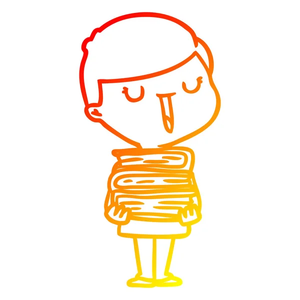 따뜻한 그라데이션 라인 드로잉 만화 행복한 소년 와 책의 스택 — 스톡 벡터