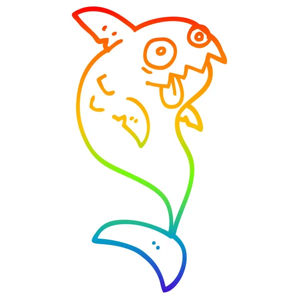 Línea de gradiente arco iris dibujo de dibujos animados tiburón mortal — Vector de stock
