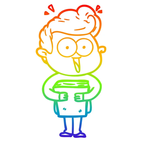 Arco-íris gradiente linha desenho cartoon homem com livro —  Vetores de Stock